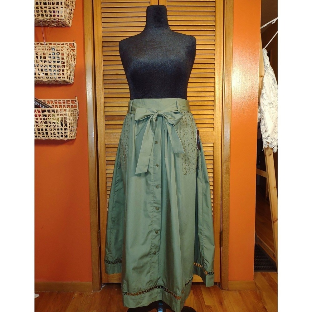 Olive Green Cotton Eyelet Maxi Skirt - Sheen Buttons Bow Tie Stretch Waist - M - Picture 2 of 13